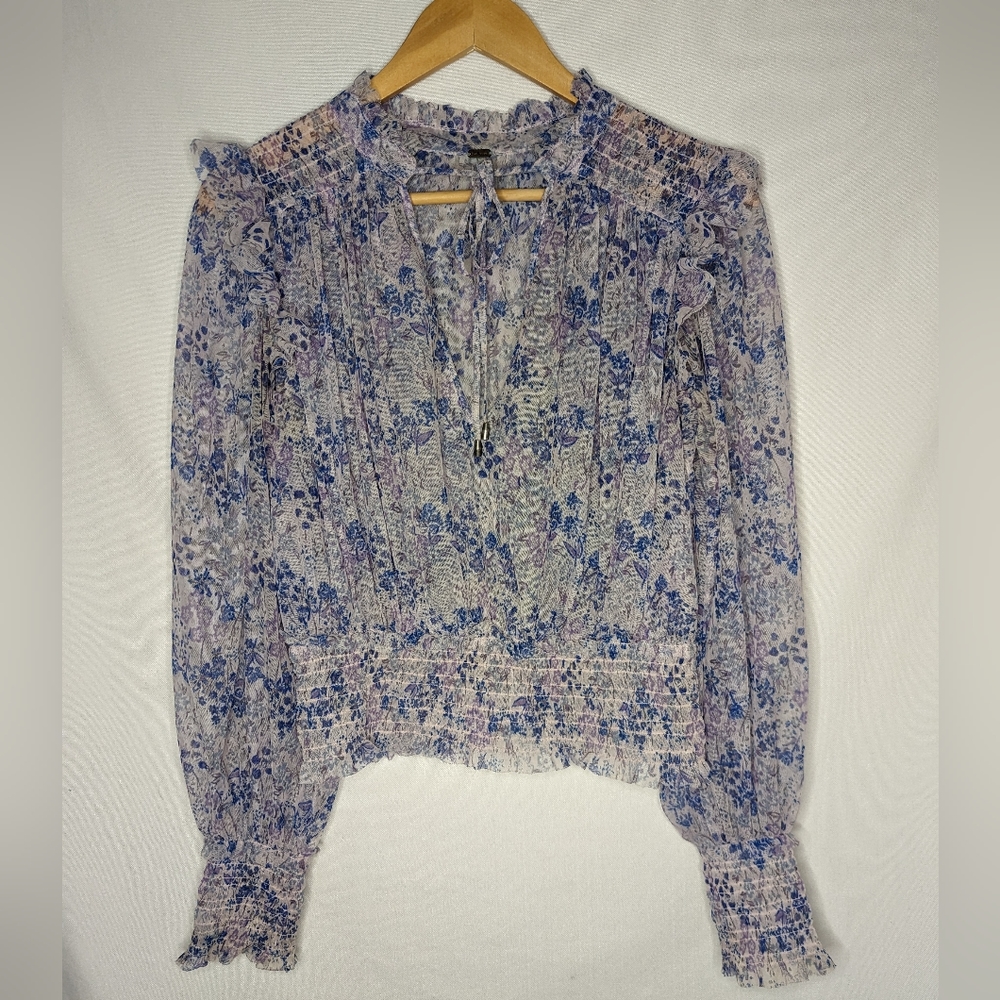 Free People Twyla Floral Lilac Long Sleeve Shirt Size Large Boho Cuffed Tie - Picture 3 of 12